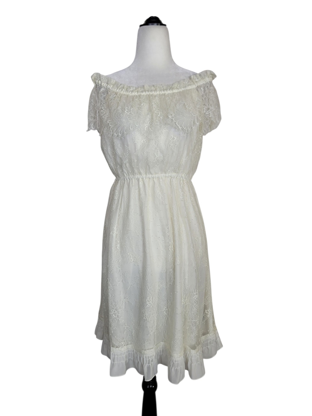 The Kooples Cream Off-Shoulder Lace Midi Dress with Ruffle Hem